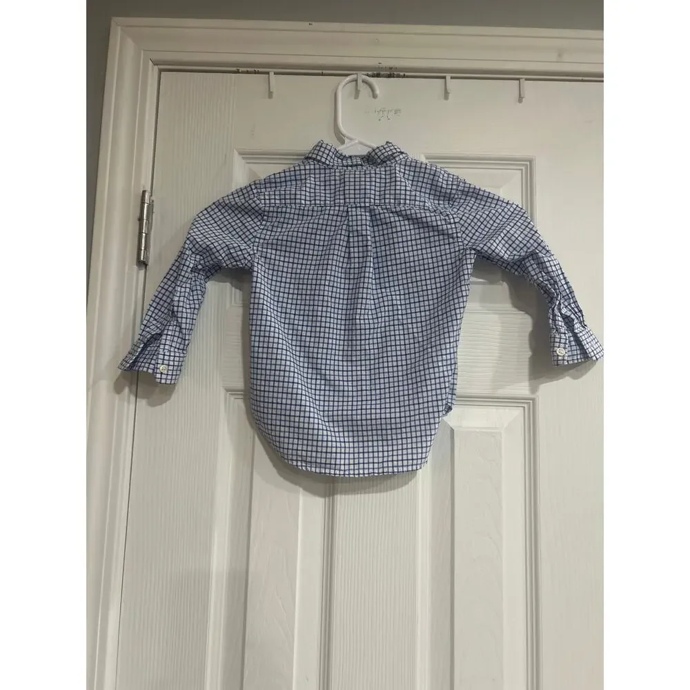 Polo Ralph Lauren Boys 24M Natural Stretch Blue White Plaid Button Down Shirt